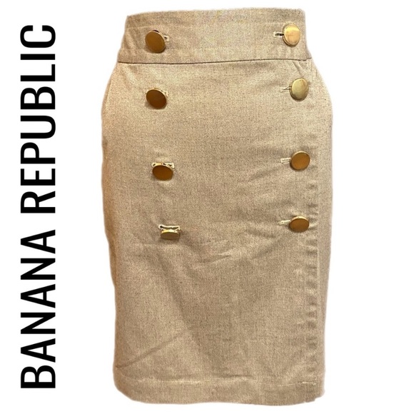 Banana Republic Vintage Tan Gold Pencil Skirt Gold Button Front Women’s Size 8 - Picture 1 of 16